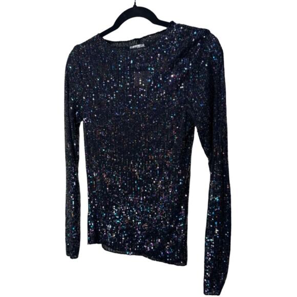 Free People Gold Rush Sequin Long Sleeve Top - Black Combo Size XS - Picture 7 of 8